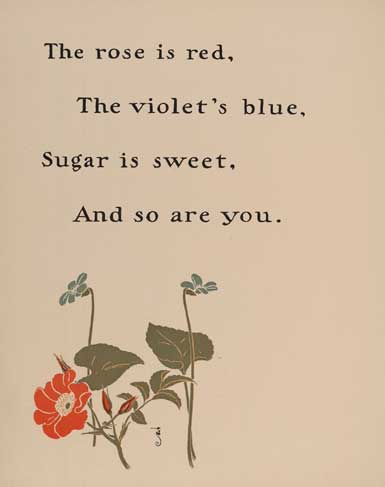 Discussing about the nursery rhyme authors in this article - A page from mother goose's rhyme book, showing the rhyme roses are red. 