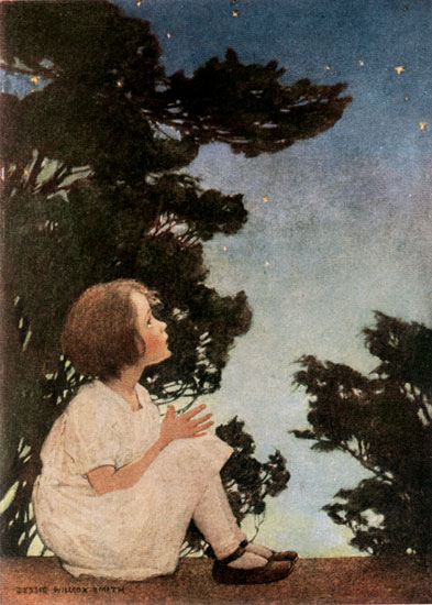 Discussing about the nursery rhyme authors. - An oil painting on canvas by Jessie Willcox, on the theme twinkle twinkle little star, showing a girl staring at the stars.
